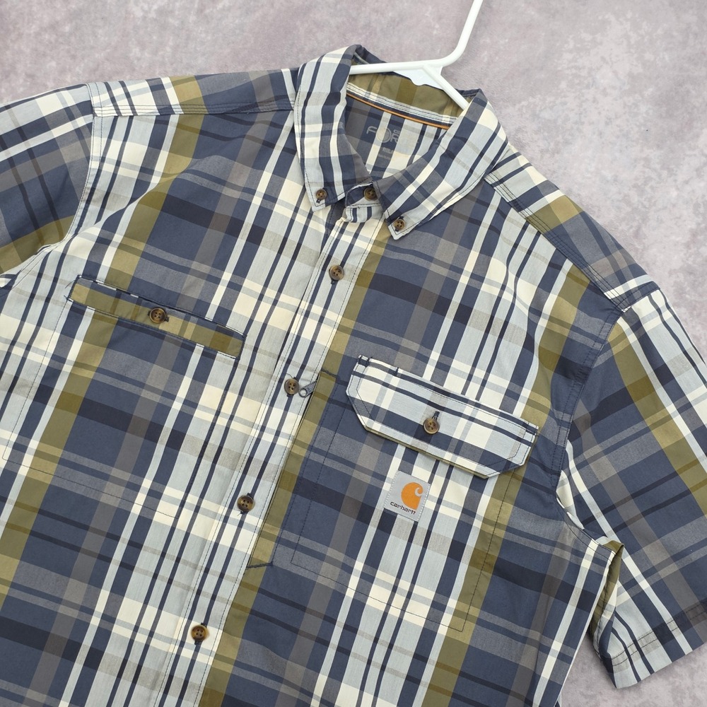 Carhartt Force Mens Large Relaxed Fit Plaid Short Sleeve Button Down Blue Olive